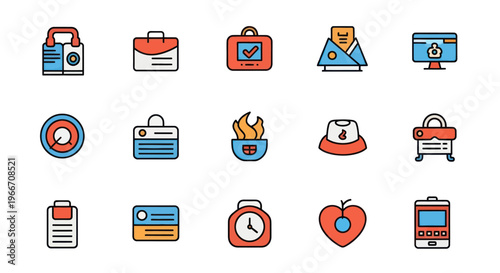 Business and Office Icons Set: Briefcase, Laptop, Clock, Card, Technology, and More