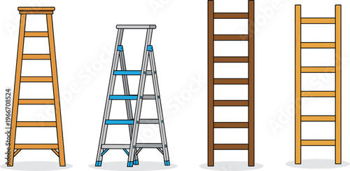 Step ladder and extension ladder set with wooden and metal construction flat vector