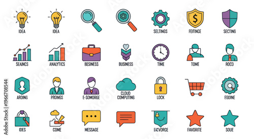 Business and Technology Icons: Idea, Analytics, Security, Cloud, Finance
