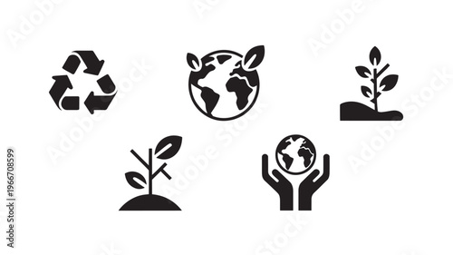 Sustainable Living Icons Set with Earth, Recycling, Plant Growth and Eco Friendly Environmental Concepts