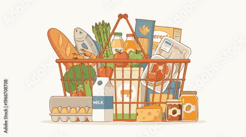 Full grocery shopping basket with fresh food and everyday essentials