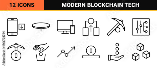 Cryptocurrency and Blockchain Technology Minimalist Geometric Line Art Icons for Professional Fintech UI and Digital Finance Platforms