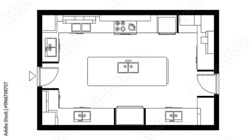 Modern Kitchen Layout Design with Island and Integrated Appliances Top View Blueprint