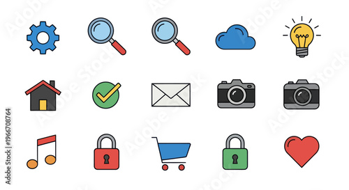 Collection of Flat Design Icons: Search, Cloud, Lightbulb, Camera, Lock, Heart, Music, Cart
