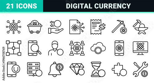 Cryptocurrency and Blockchain Technology Minimalist Monoline Icons featuring Geometric Finance Symbols for Digital Wallet and Mining.