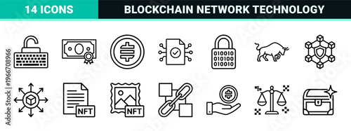 Cryptocurrency and Blockchain Technology Minimalist Monoline Geometric Line Art for Decentralized Finance and Digital Mining Industry.