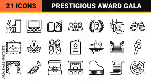 Cultural Ceremony and Award Gala Minimalist Geometric Line Art Outline Icons for Film Theatre Music and Red Carpet Events