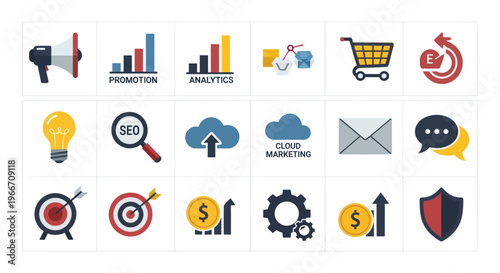 Digital Marketing Icons Set: SEO, Analytics, Cloud, Promotion, Shopping Cart, Strategy