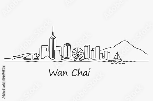 Flat Design one line without breaking the Wan Chai city. Vector Illustratio