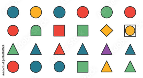 Geometric Shapes Pattern: Circles, Squares, Triangles, Rhombus, Arcs on White Background