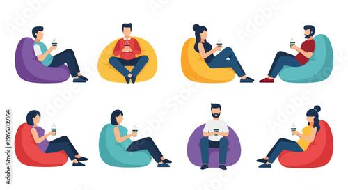 People sitting on colorful bean bag chairs while using their smartphones.
