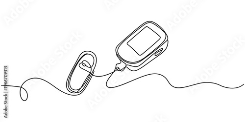 Pulse Oximeter continuous one line drawing minimalism design, Continuous one line art drawing pulse oximeter on finger. Digital device to measure oxygen saturation in human, Single one line drawing.