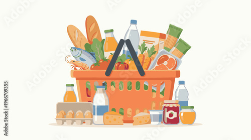 Full shopping basket with a variety of fresh groceries and food items