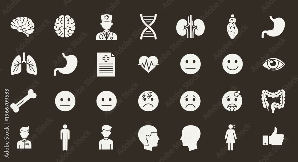 Obraz premium Medical Health Icons: Brain, DNA, Organs, Doctor, Emotions, Body Parts