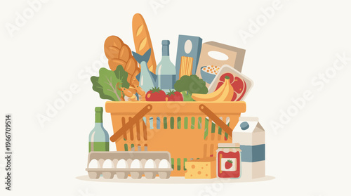 Full grocery shopping basket with fresh food, produce, and pantry items