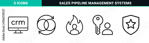 Customer Relationship Management CRM Software Interface Elements, Minimalist Monoline Geometric Business Growth and Sales Analytics Line Art Set