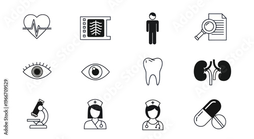 Medical Health Care Icons Set: Heartbeat, X-ray, Doctor, Research, Eye, Tooth, Kidney, Microscope, Nurse, Pill