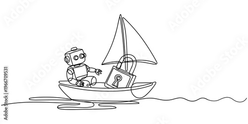 Single one line drawing robot sailing away on boat with padlock. Security and shipping business protection. Modern robotic artificial intelligence. Continuous line design graphic vector illustration