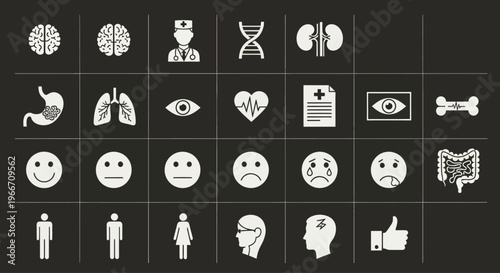 Medical Health Icons: Brain, Doctor, DNA, Kidneys, Stomach, Lungs, Eye, Heartbeat, Report, Bone, Face Emoticons, Human Figures, Head Profiles, Thumb Up, Intestines