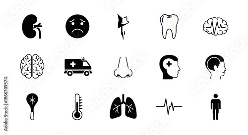 Medical Health Icons: Brain, Lungs, Kidney, Tooth, Heartbeat, Ambulance, Face