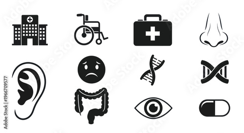 Medical Health Icons: Hospital, Wheelchair, First Aid, Nose, Ear, DNA, Eye, Pill