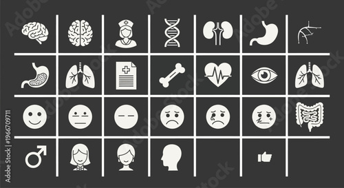 Medical Health Icons Set: Brain, DNA, Organs, Emotions, People & More