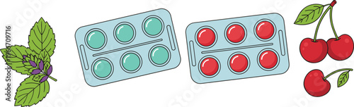 Blister packs of pills with mint leaves and cherries healthcare flat vector