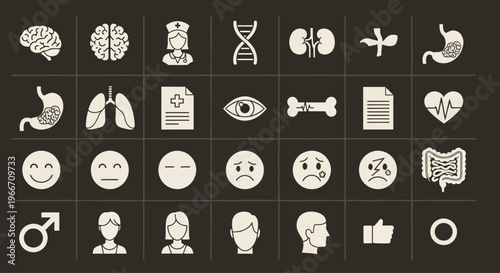 Medical Health Icons Set: Brain, DNA, Organs, Emotions, People, Gender Symbols