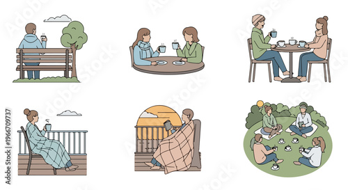 Illustrations of people socializing and relaxing in various outdoor and indoor settings.