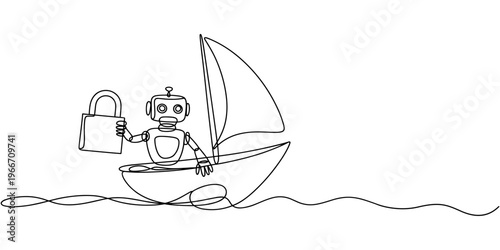 Single one line drawing robot sailing away on boat with padlock. Security and shipping business protection. Modern robotic artificial intelligence. Continuous line design graphic vector illustration
