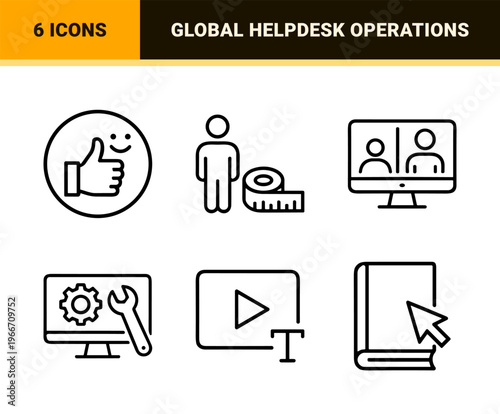Customer Service and Technical Support Minimalist Monoline Outline Icon Set for Global Business Helpdesk and User Experience Interface Design.