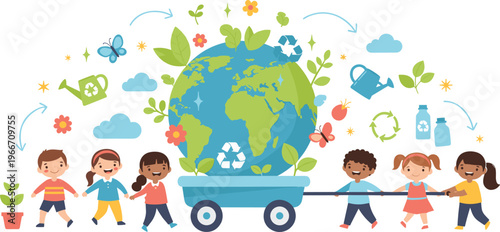 Children Pulling a Cart with Earth and Plants for Environmental Awareness and Sustainability Design