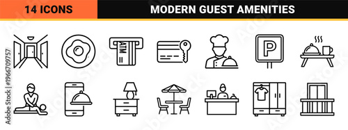 Hospitality and Tourism Services Line Art featuring Minimalist Monoline Symbols for Hotel Amenities, Hostel Facilities, and Travel Wayfinding