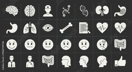 Medical Health Icons Set: Brain, Heart, Lungs, Kidneys, Stomach, Eyes, DNA