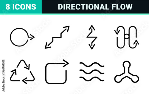 Technical Monoline Arrow Navigation Set - Minimalist Geometric Line Art Icons for Interface Design and Process Mapping Flowcharts