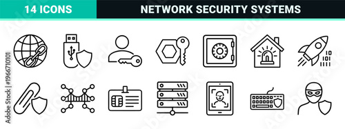 Cyber Security and Digital Privacy Geometric Line Art Featuring Minimalist Monoline Symbols for Data Protection and Network Safety.