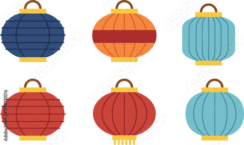 Colorful paper lantern set with round and oval festival decorations flat vector