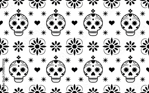Black and white sugar skulls and flowers seamless pattern vector background for Dia de los Muertos celebration