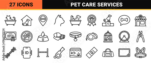 Pet Care and Veterinary Services Minimalist Monoline Icon Set Featuring Geometric Line Art for Animal Wellness and Grooming Utilities