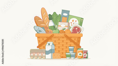Fresh groceries in a wicker basket with food essentials illustration