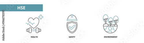 HSE icon set in dual color outline style with health, safety, and environment