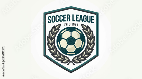 Soccer league badge logo with ball, laurel wreath, and establishment date