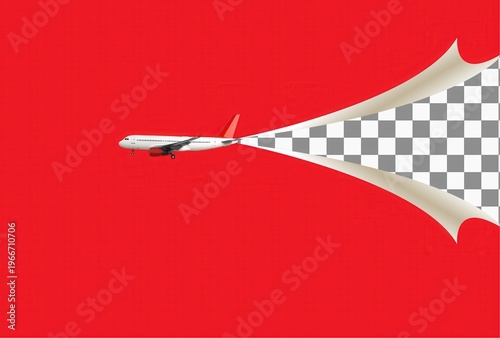 Airplane flying and peeling back a red paper layer to reveal a transparent background