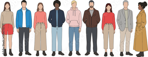 Contemporary diverse people collection in casual and business attire flat vector character set
