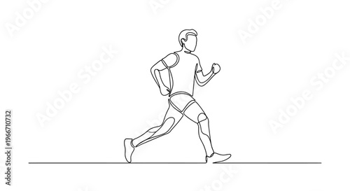 Continuous line drawing of a man running, minimalist, dynamic, healthy lifestyle