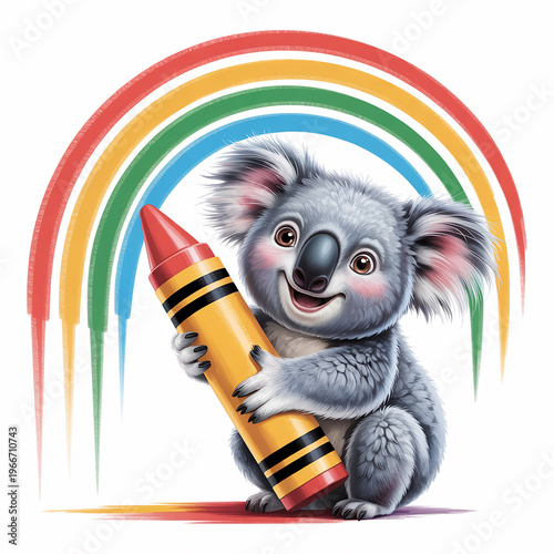 Koala with rainbow and crayon colorful creative kids cartoon illustration