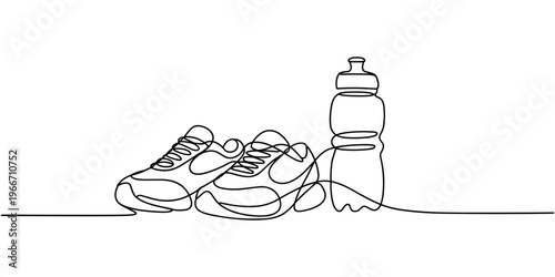 Single one line drawing sport sneakers and sport bottle. Fitness running or jogging concept. Idea of healthy and active lifestyle. Healthy lifestyle concept. Modern continuous line draw design vector