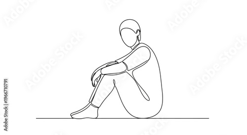 Minimalist single line drawing of a person sitting, embracing knees, looking thoughtful