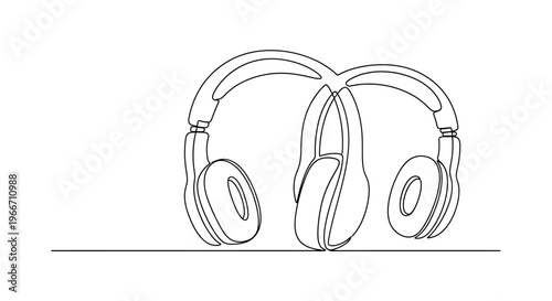 Minimalist continuous line drawing of headphones, symbolizing music, audio, and sound.