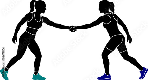 Silhouette of two athletic women shaking hands. Concept of sportsmanship, teamwork, fair play, and female empowerment in fitness. Isolated on white background with colored sneakers.